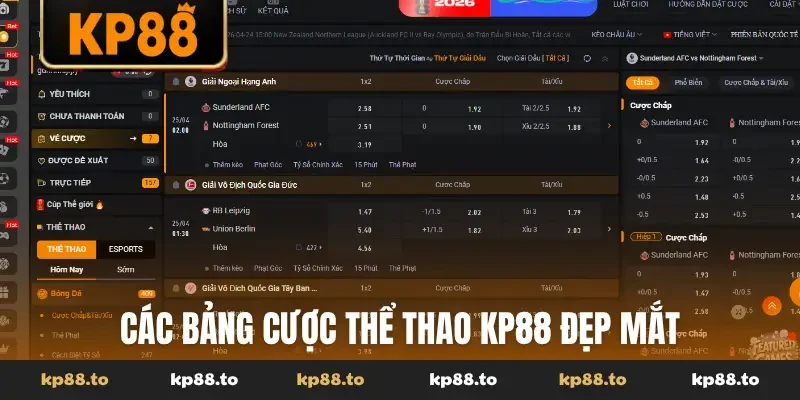 Các bảng cược thể thao KP88 đẹp mắt